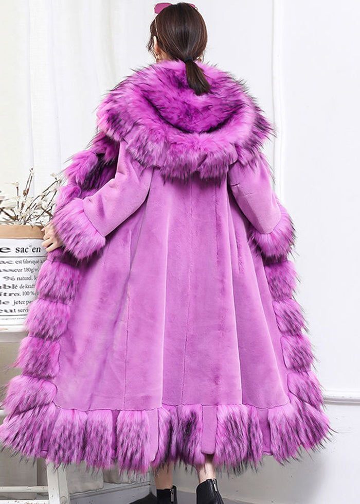 Purple Fur Collar Patchwork Tie Waist Faux Fur Long Coat Winter