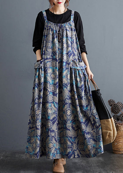 Blue Print Pockets Patchwork Cotton Long Dresses Sleeveless
