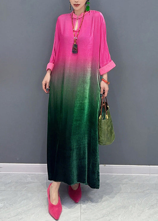 Gradient Color Stand Collar Silk Velour Maxi Dresses Fall