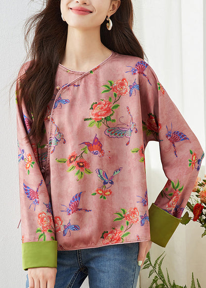 Pink O Neck Print Shirt Top Spring