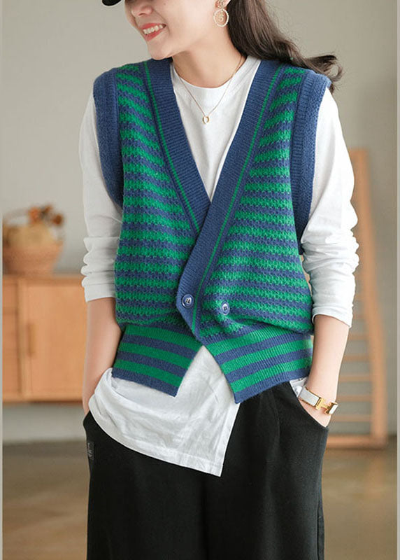 Green Striped Button Fall Knit Sleeveless Waistcoat
