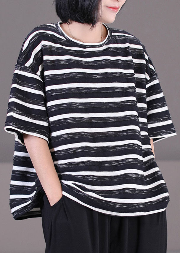 Black O-neck Oversized Striped Cotton Tank Tops Short Sleeve