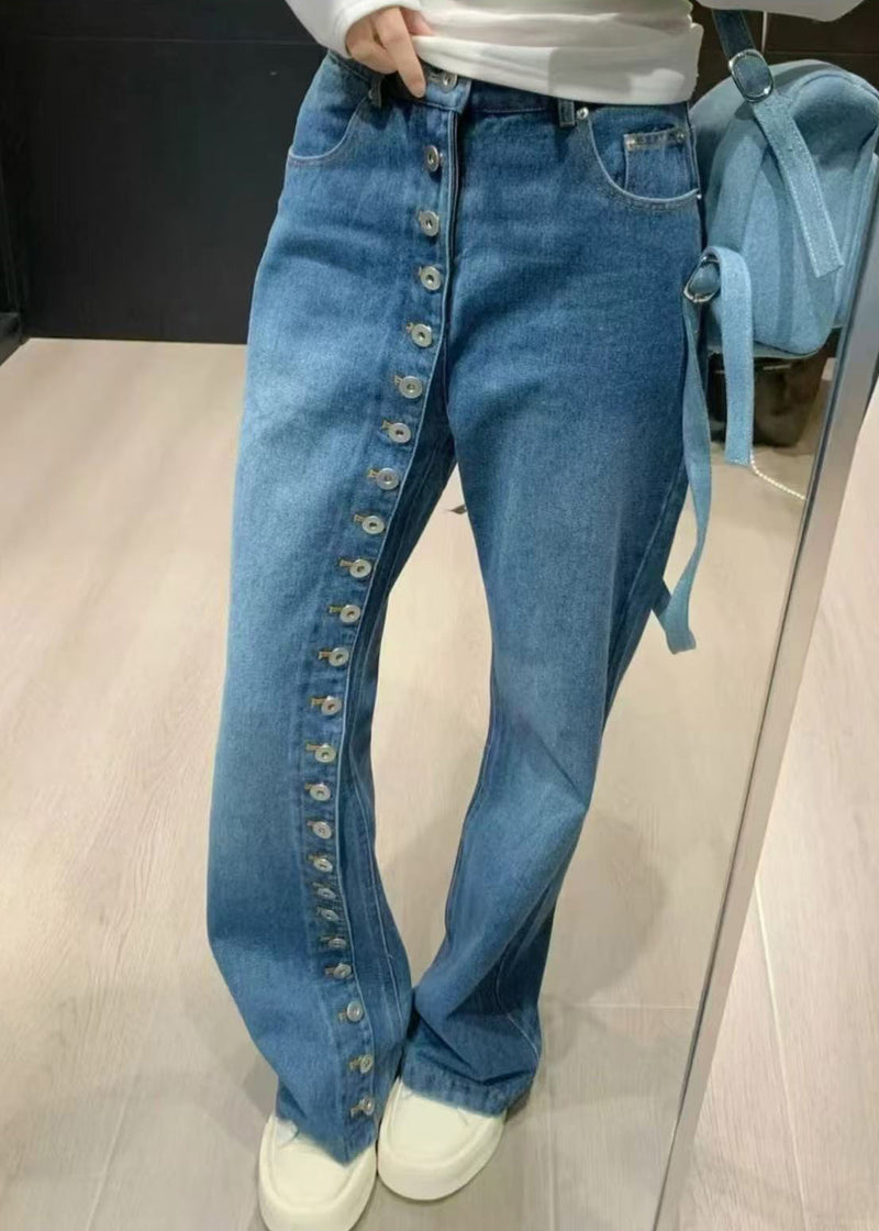Blue High Waist Pockets Patchwork Jeans Spring