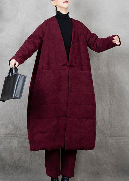 Black V Neck Chinese Button Fine Cotton Filled Coat Winter