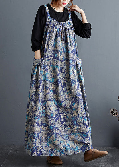 Blue Print Pockets Patchwork Cotton Long Dresses Sleeveless