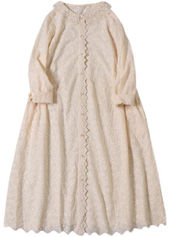 Handmade Khaki Pockets Button Embroideried Fall Wrinkled Maxi Dresses Long Sleeve