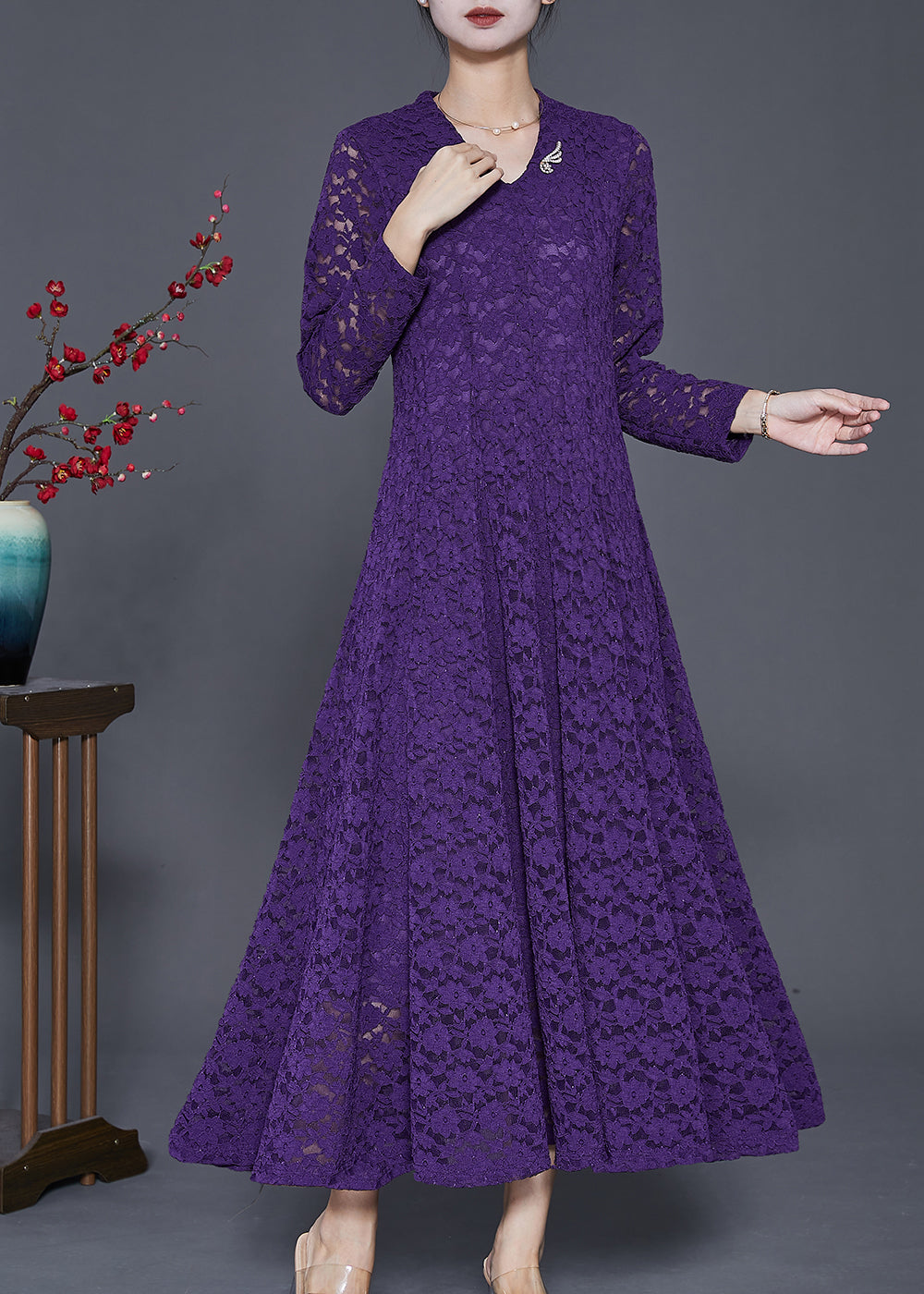 Purple Exra Large Hem Lace Robe Dresses Spring
