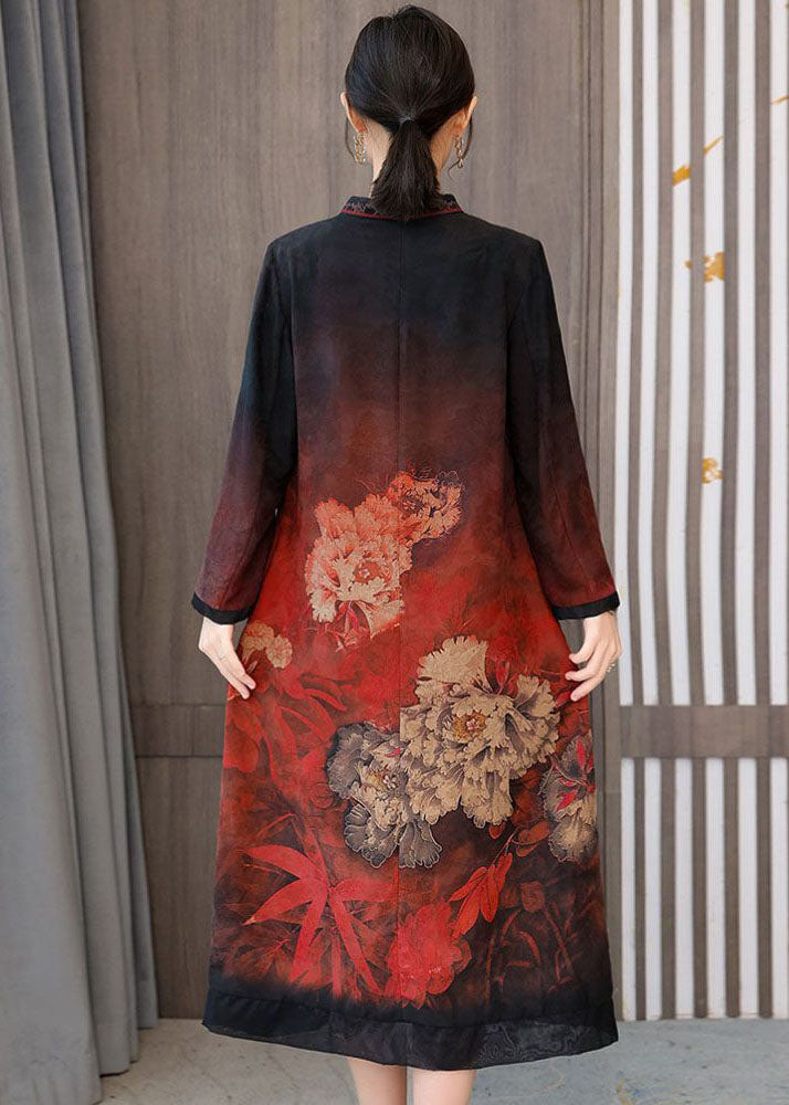 Red Zip Up Print Silk a Line Dresses Fall