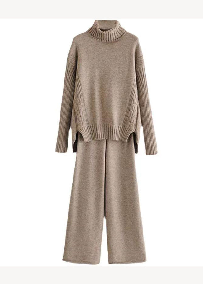 French Apricot Hign Neck Tops and Pants Knit Two Pieces Set Autumn