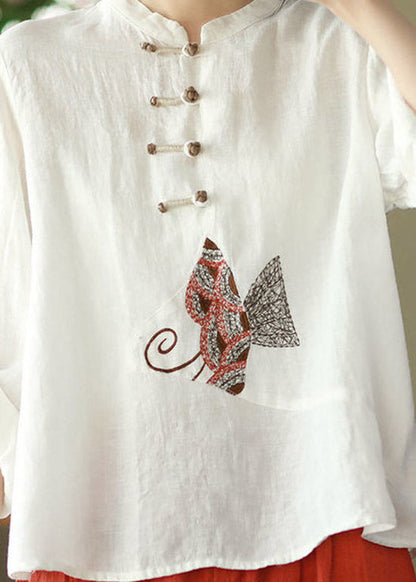 Boutique White O-neck Embroideried Button Linen Shirt Long Sleeve