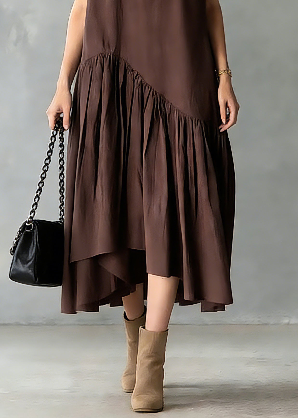 Coffee O-neck Wrinkled Patchwork Long Dresses Short Sleeve