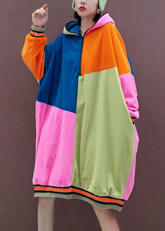 Italian Multi Hooded Pockets Patchwork Pullover Sweatshirt Dresses Spring