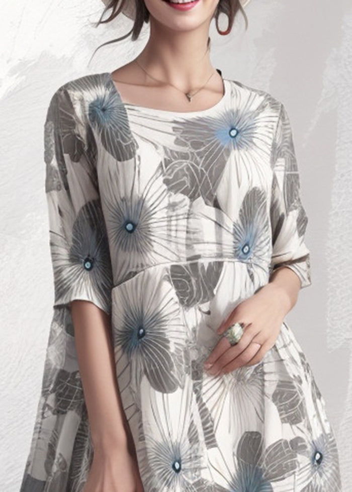 Modern Grey Oversized Print Silk Dress Summer