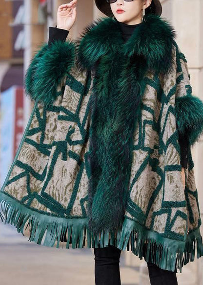 Green Fox Collar Pockets Leather and Fur Coat Long Sleeve
