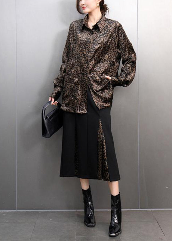 Leopard Peter Pan Collar Button Shirts and Maxi Skirts Two Pieces Set Spring