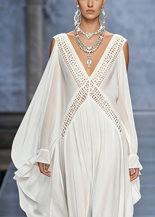 French White V Neck Hollow Out Chiffon Maxi Dresses Butterfly Sleeve