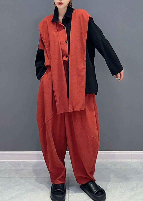 Stylish Orange Patchwork Black Asymmetrical Cape Top and Harem Pants Two Pieces Set Long Sleeve