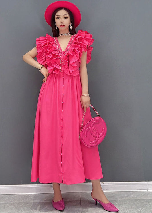 Red V Neck Ruffles Cotton Long Dresses Vestidos Sleeveless