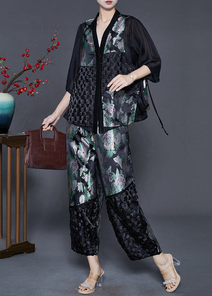 Black Oversized Patchwork Silk Two Pieces Set Summer