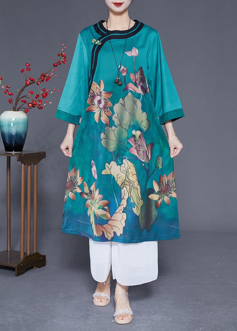 Peacock Blue Print Side Open Silk Holiday Dress Bracelet Sleeve