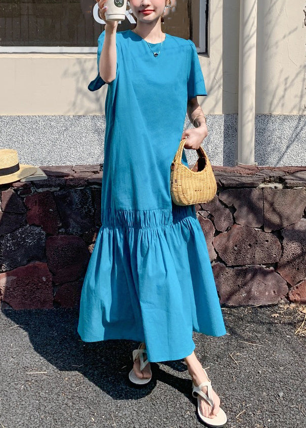 Novelty Blue Ruffled Patchwork Hollow Out Long Dress Summer