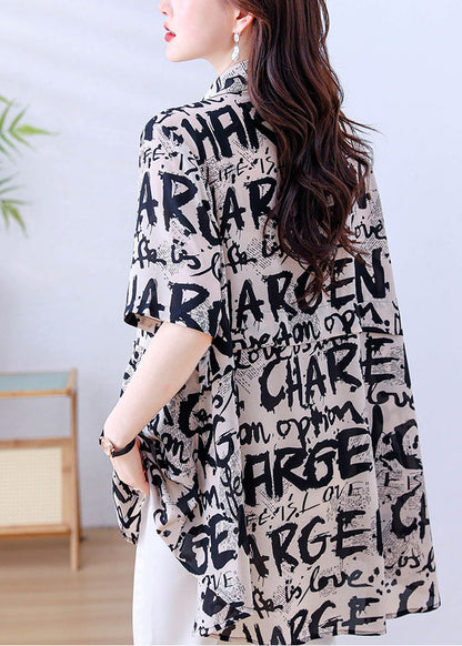 Khaki Oversized Letter Print Chiffon Shirt Tops Summer