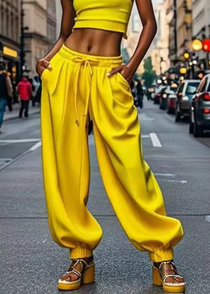 Yellow Pockets Patchwork Tie Waist Lantern Pants Summer