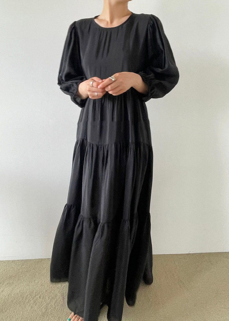 Black O-neck Patchwork Backless Cotton Maxi Dress Bracelet Sleeve