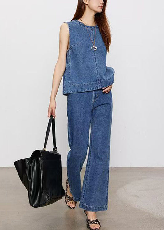 Blue Patchwork Denim Top and Jeans Two Pieces Set Sleeveless