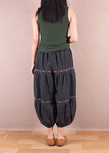 Denim Blue Elastic Waist Oriental Embroideried Patchwork Cotton Lantern Pants Summer