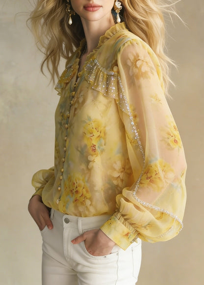 Handmade Yellow Ruffled Zircon Chiffon Button Shirt Spring