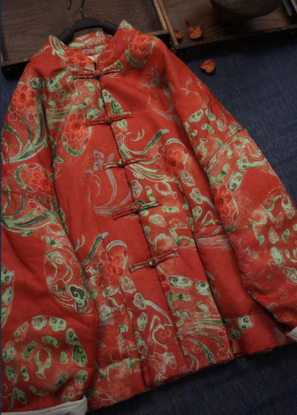 Orange Print Chinese Button Fine Cotton Filled Coats Winter