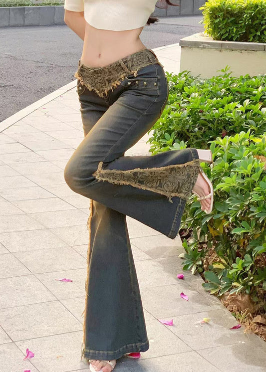 Low Waist Patchwork Lace Denim Flared Trousers Spring