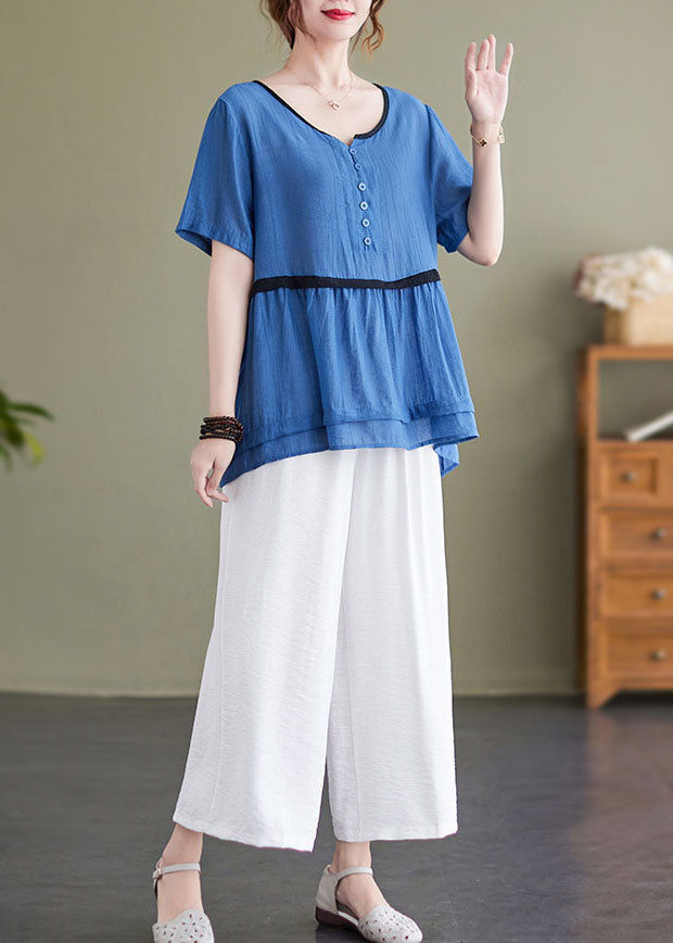 Diy Blue Wrinkled Patchwork Button Tops and Crop Pants Linen Two Pieces Set Summer