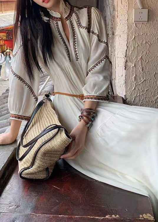 White Wrinkled Patchwork Cotton Long Dress Bracelet Sleeve