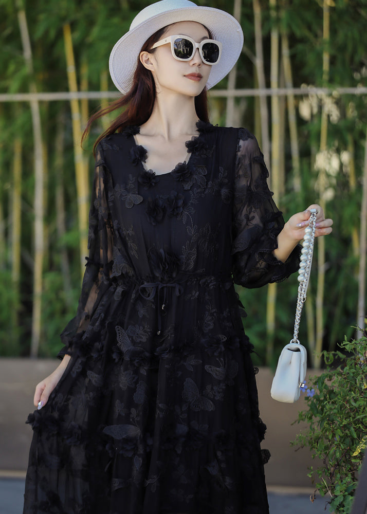 Black Embroidered Butterfly Silk Dress Summer