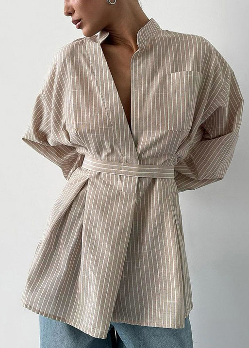 Khaki Striped Linen Tunic Shirt Top Fall