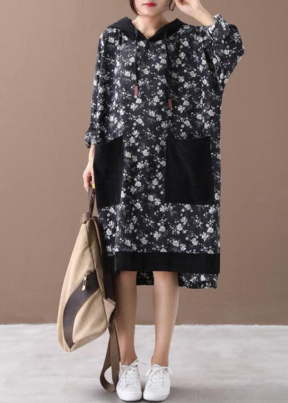 Khaki Hooded Print Corduroy Sweatshirts Dresses Spring
