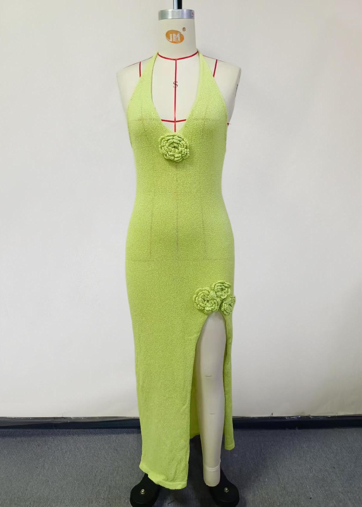 French Fruit Green Decorated Side Open Knit Holiday Dress