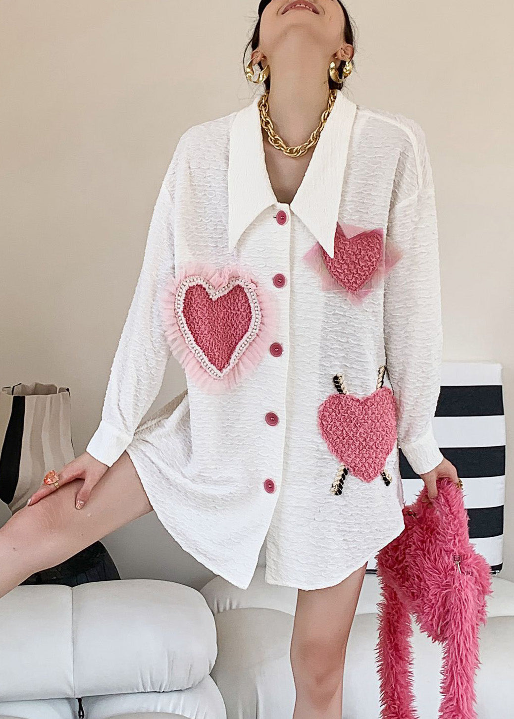 White Peter Pan Collar Embroideried Loving Heart Button Shirt Long Sleeve