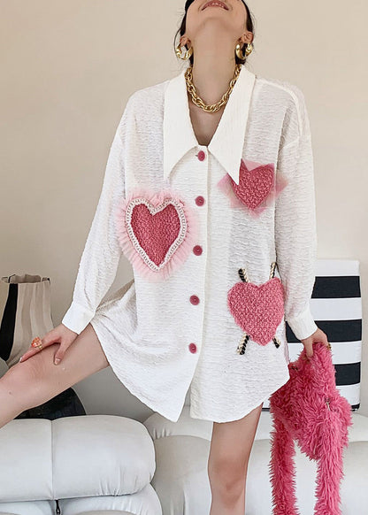 White Peter Pan Collar Embroideried Loving Heart Button Shirt Long Sleeve