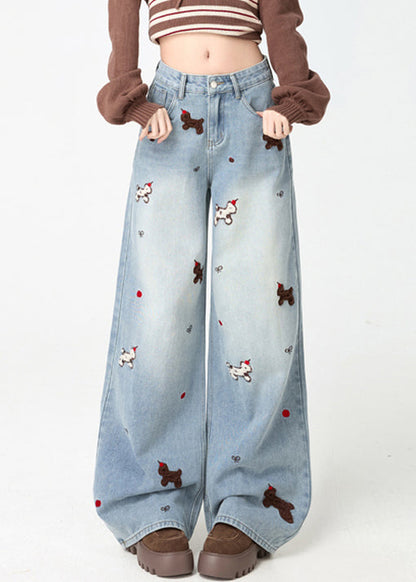 Light Blue Little Dogs Embroidered High Waist Warm Fleece Jeans Spring