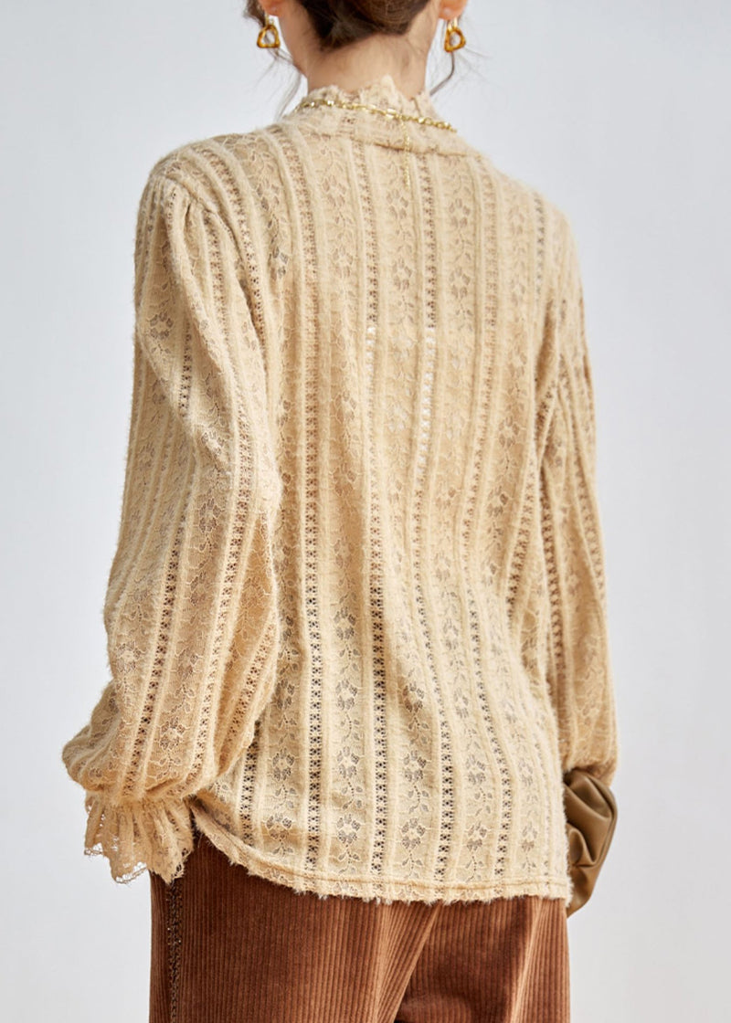 Beige Hollow Out Lace Shirt Tops Fall