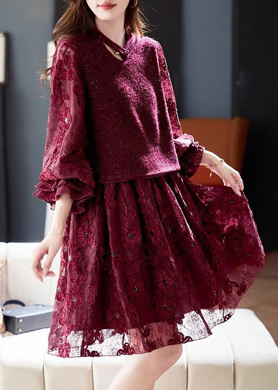 Modern Red O-neck Patchwork Fake Two Pieces Long Dresses Spring