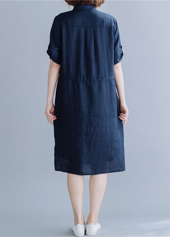 Navy Side Open Button Pockets Shirt Dress Short Sleeve