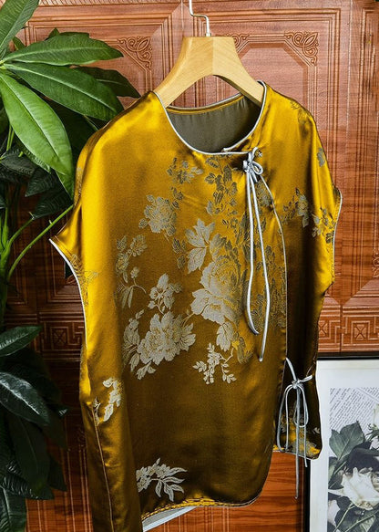 Jacquard Yellow O-neck Lace Up Patchwork Silk Tops Summer