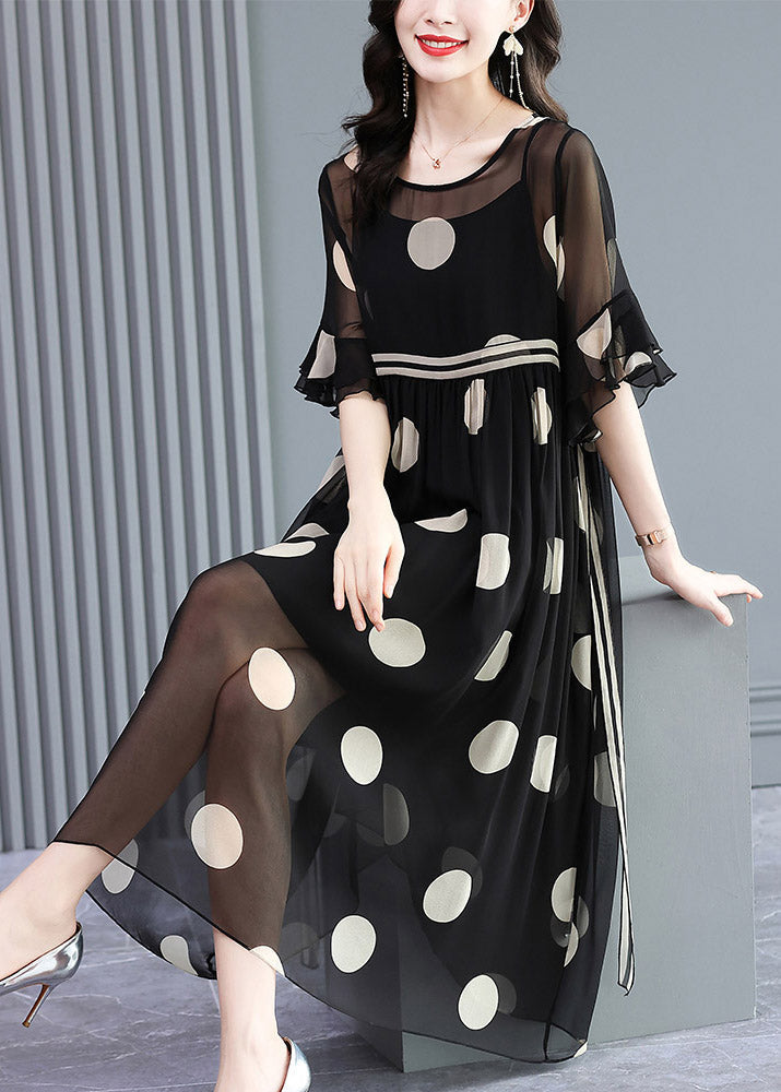French Black O-neck Dot Print Silk Dress Two Pieces Set Flare Sleeve