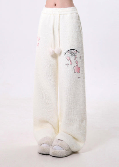 Classy White Print Fuzzy Ball Decorated Warm Fleece Fluffy Pants Spring