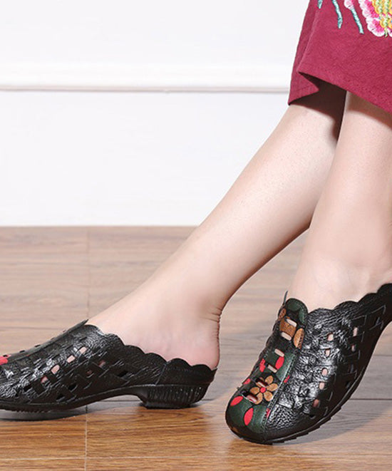 Black Hollow Out Splicing Low Heel Cowhide Leather Slide Sandals