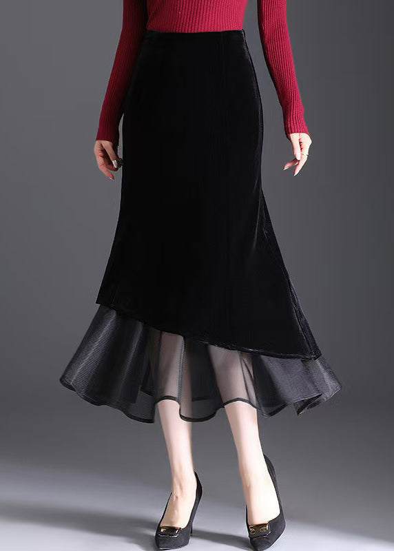 Black Zippered Elastic Waist Velvet Fishtail Skirts Spring